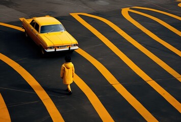 A person walking across a parking lot next to a yellow car - Powered by Adobe