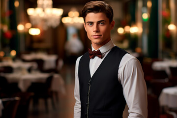 A handsome waiter with a European appearance in a nice suit on the background of a restaurant.
