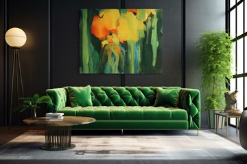 Stylish modern space featuring a vibrant green couch. Generative AI