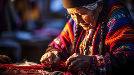 Fotobehang Bolivian cholita weaving traditional Bolivian ponchos, local Latin American tradition and culture, indigenous and national customs, Bolivian women working the fabric with their hands © Juan Gumin