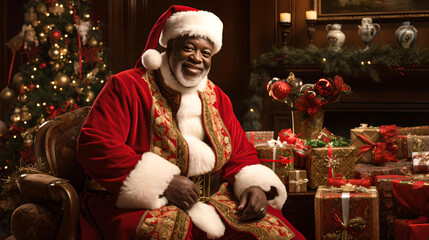 black santa claus, preparing gifts for christmas day, african american santa claus © Juan Gumin