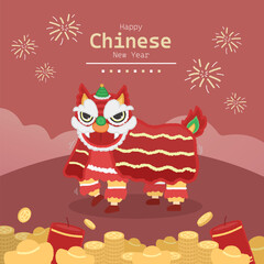 Happy Chinese New Year illustration with lion dance on red background with lots of money, ingots