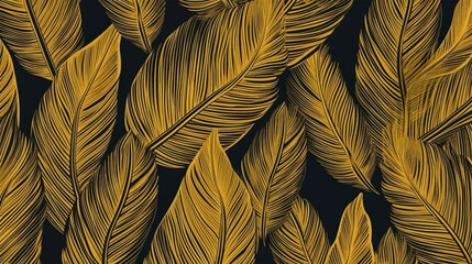 Abstract tropical golden leaves seamless pattern background, summer seasonal with japanese and chinese texture art. Vector Illustration.