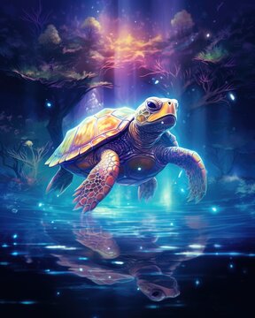 A serene underwater scene with a graceful turtle swimming