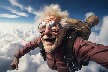 man backpack goggles flying high sky old gray hair portrait running falling clouds influencer gogo level alcoholism wrinkled expectation adventure bad gliding delightfully crazy - obrazy, fototapety, plakaty
