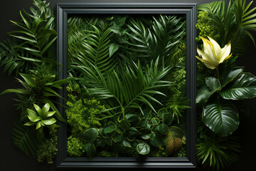 Empty photo frame with green leaves background