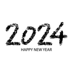 Happy New Year 2024. Hand drawn brush lettering on white background. Grunge style.