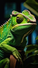 Fototapeta premium A vibrant green lizard perched on a branch in a close-up shot