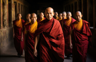 Monks walking down a monastery hallway