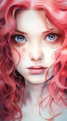 woman pink hair blue eyes long flowing red closeup soft gaze auburn real person curly hauntingly - obrazy, fototapety, plakaty