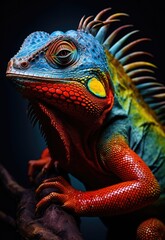 Fototapeta premium A lizard perched on a branch, showcasing its intricate scales and vibrant colors