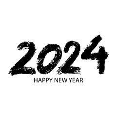 Happy New Year 2024. Hand drawn brush lettering on white background. Grunge style.