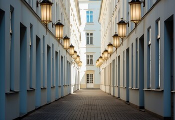 A charming narrow street illuminated by beautiful street lamps
