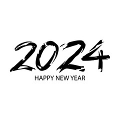 Happy New Year 2024. Hand drawn brush lettering on white background. Grunge style.