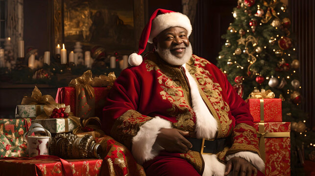 Black Santa Claus, Preparing Gifts For Christmas Day, African American Santa Claus