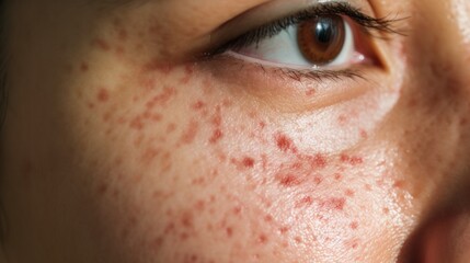 acne on woman face with rash skin, scar, and red skin syndrome allergic to cosmetics, use steroids, dermatology, inflammation, infection, hygiene. - obrazy, fototapety, plakaty