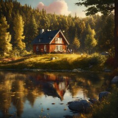 Fototapeta premium autumn landscape with a house,Floral flowers painted colorful egg, easter day background, kids, children celebration background