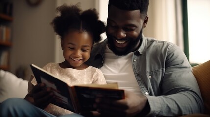Happy father relax and read book with baby time together at home. parent sit on sofa with daughter and reading a story. learn development, childcare, laughing, education, storytelling, practice. - obrazy, fototapety, plakaty