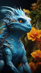 a majestic blue dragon in a vibrant garden