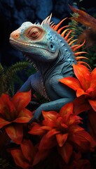 Obraz premium an iguana perched on vibrant red flowers