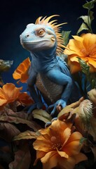 a vibrant blue lizard perched atop a colorful bed of flowers