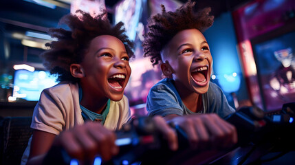 African American children playing in car video game console, with interactive vehicle, enjoying with friends