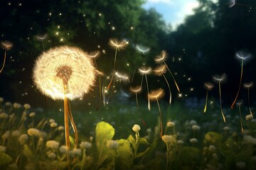 Dramatic lighting compliments the enchanting sight of a graceful dandelion drifting away. Generative AI - obrazy, fototapety, plakaty