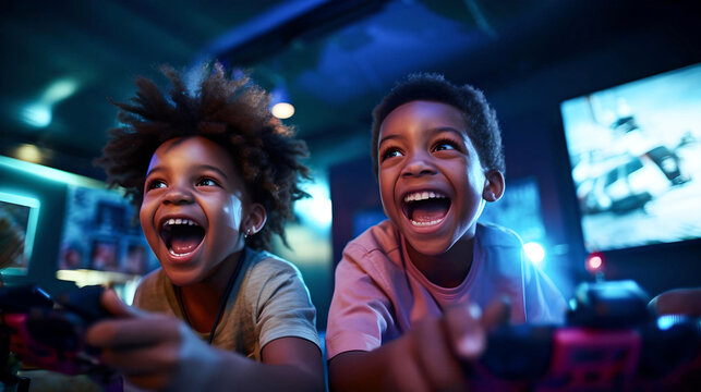 african american kids playing video games happy and excited, video game consoles, fun moments with friends