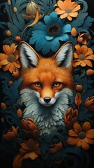 a vibrant painting of a fox surrounded by a colorful bouquet of flowers