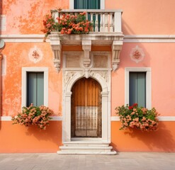 a charming pink building with a wooden door and vibrant window boxes