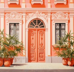 Fototapeta premium an orange building with potted plants in front