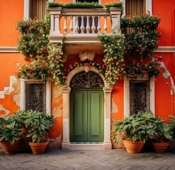 Fototapeta na wymiar a vibrant green door framed by lush potted plants against the backdrop of a striking orange building