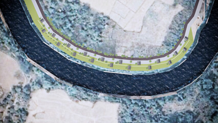 3D rendering Triangle house made of wood in the forest in the rainy season