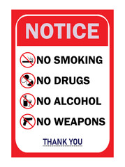 Vector No smoking, no drugs, no alcohol, no weapons prohibition sign symbol set.