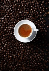 Fototapeta premium a cup of coffee on a bed of coffee beans, representing the rich aroma and flavor of freshly brewed coffee