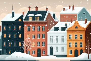 Set of european historical buildings. Traditional Amsterdam, Netherlands architecture. Seamless border. snowy town. winter holiday