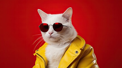 white cat wearing sunglasses and wearing a yellow jacket on red background
