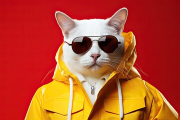 white cat wearing sunglasses and wearing a yellow jacket on red background