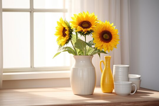 a vase with sunflowers on wooden table