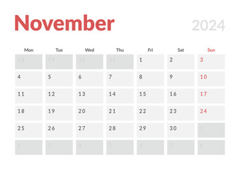 Monthly page Calendar Planner Templates of November 2024. Vector layout of simple calendar with week start Monday for print. Page for size A4 or 21x29.7 cm