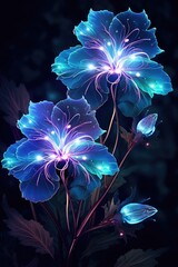 Two vibrant blue flowers with luminous petals against a dark backdrop