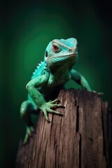 Fototapeta premium A green lizard perched on a wooden post