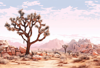 Fototapeta na wymiar joshua trees tree in the desert landscape with dirt road and sunlight, generative ai