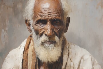 painting of a an elderly African Ethiopian man, face with wisdom and experience. deep-set eyes, weathered skin, and a white beard, adorned with traditional garments. generative AI
