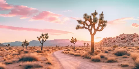 Cercles muraux Couleur saumon joshua trees tree in the desert landscape with dirt road and sunlight, generative ai