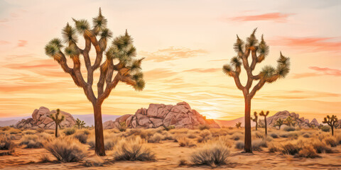 joshua trees tree in the desert landscape with dirt road and sunlight, generative ai