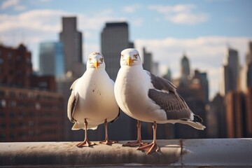 Obraz premium Two seagulls standing on a ledge in front of a city skyline