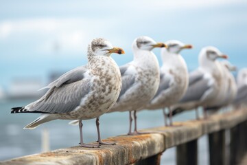 Seagulls perched on a wooden fence
