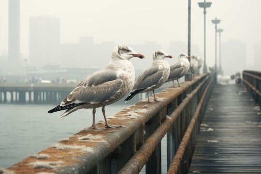 Seagulls perched on a pier, enjoying the view