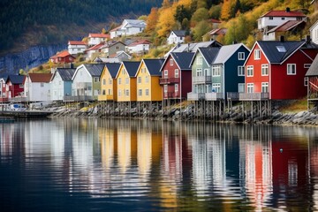Fototapeta na wymiar Vibrant houses on fjord shore. Generative AI